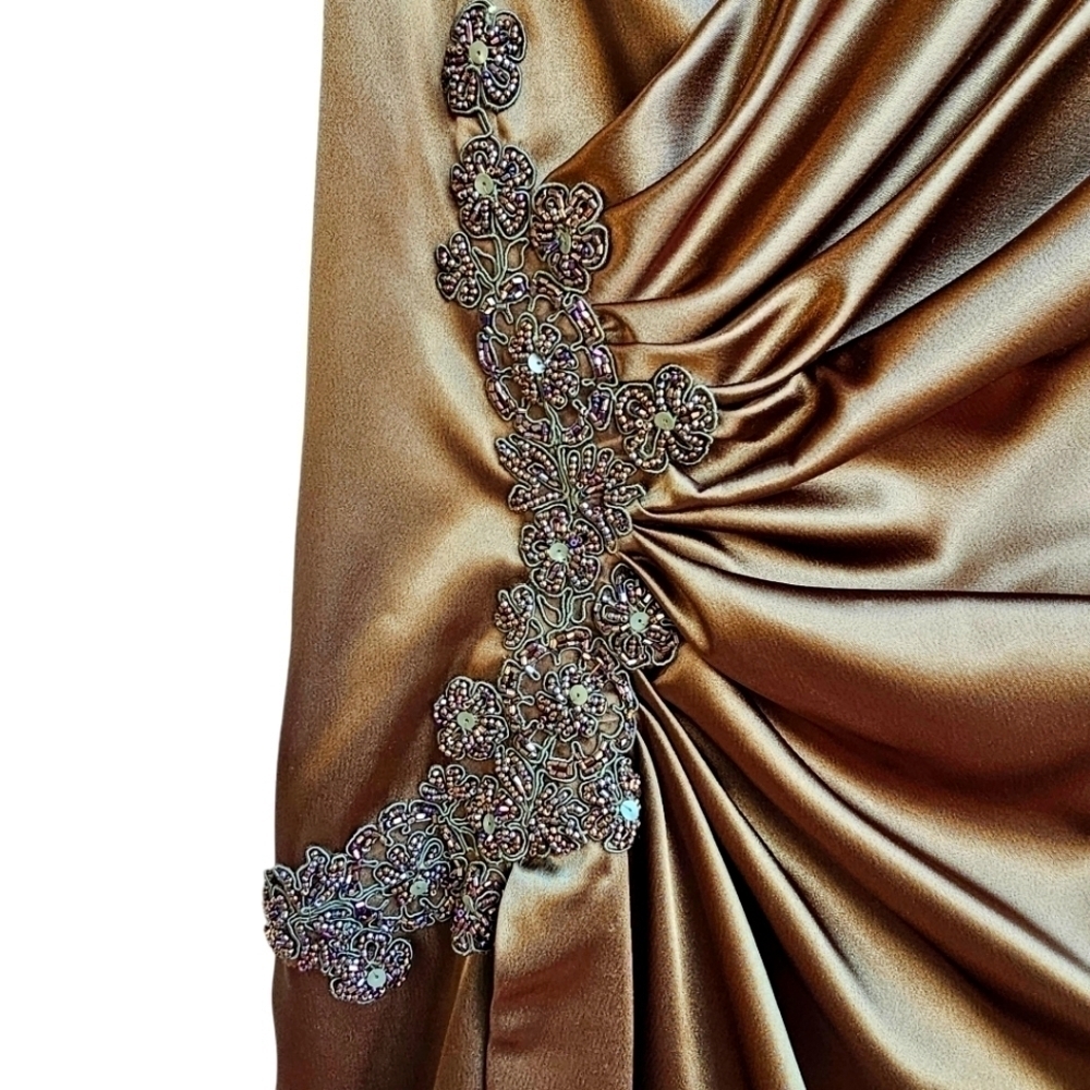 Army Green (NOT Brown) Short Strapless Satin Formal Dress with Beading Size XS - Picture 6 of 10